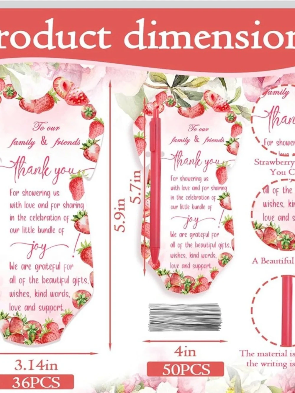 Strawberry Pink Baby Shower Thank You Pen and Card Set